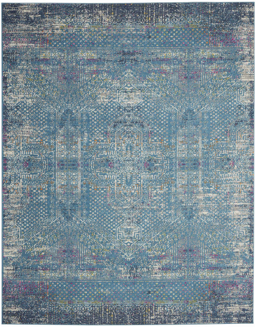 Close-up of the Nourison Passion Blue Vintage Indoor Area Rug, showcasing its distressed light blue pattern and texture.