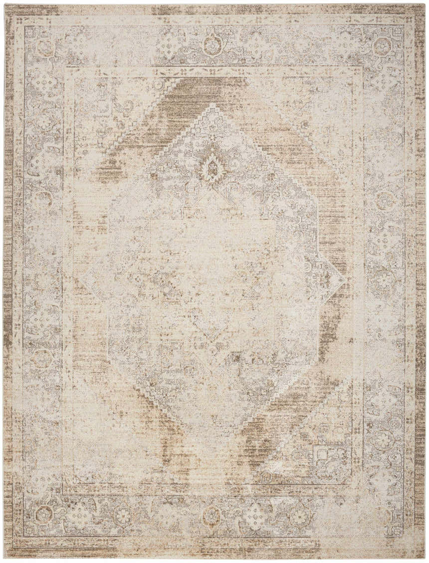 Close-up of Nourison Astra Beige Vintage Rug. Machine-made with a distressed, ornate pattern and neutral beige tones. Washable polyester.