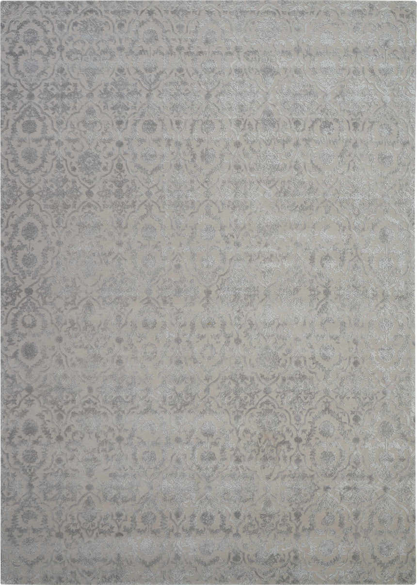 Close-up of Nourison Opaline Taupe Vintage Area Rug. Handmade rug with ivory and silver floral pattern.