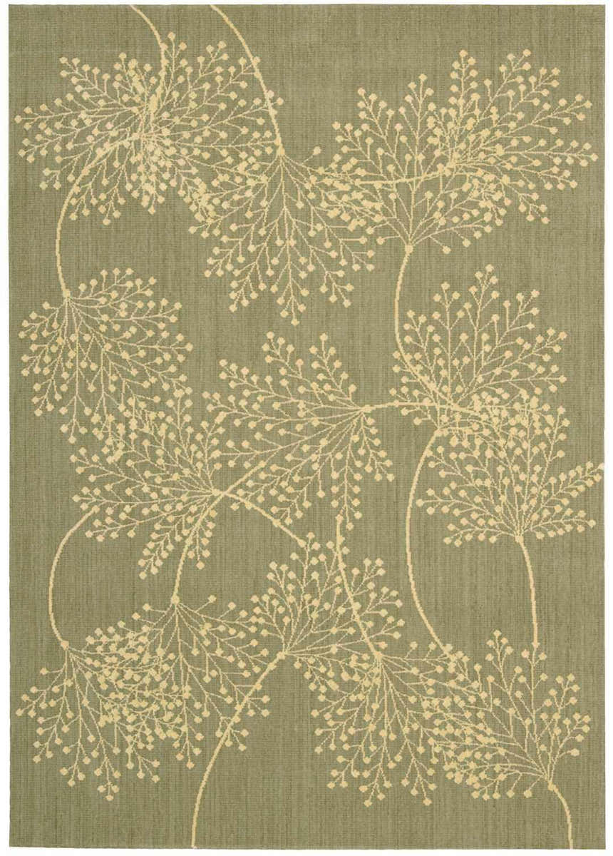 Close-up of Nourison Capri Sage Floral Area Rug. Muted sage background with cream floral pattern. Wool rug texture.