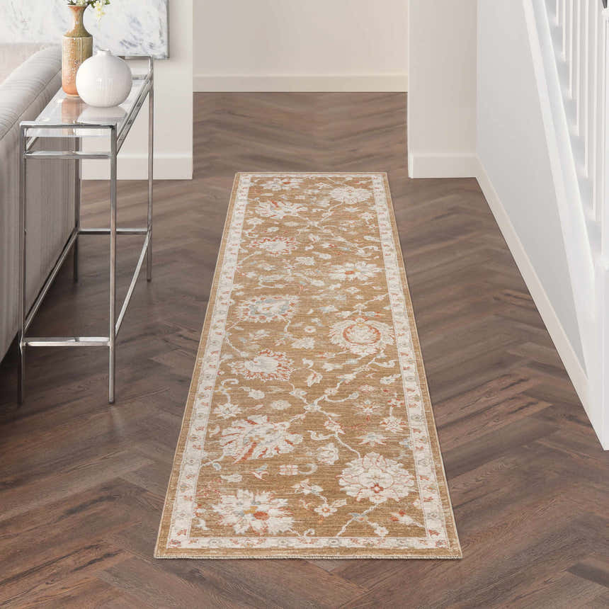 Hallway with Nourison Infinite Mocha Vintage runner rug on dark wood floors.