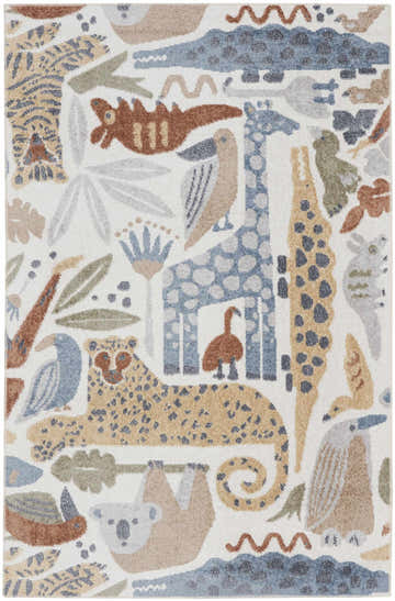 Close-up of Nourison Astra Ivory Kids Rug with animal pattern: giraffe, cheetah, sloth, crocodile, and birds. Chestnut color.