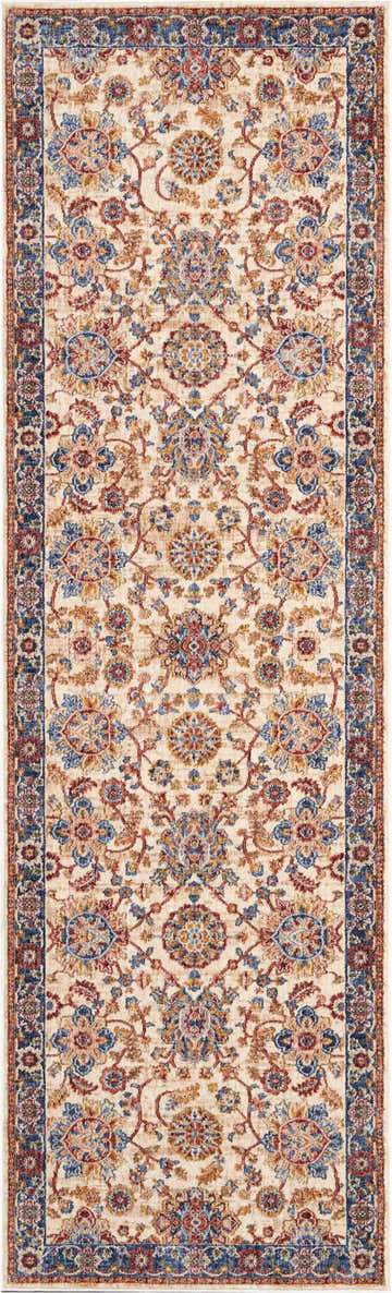 Close-up of Nourison Lagos Cream Persian rug featuring a floral pattern in cream, blue, and rust colors.