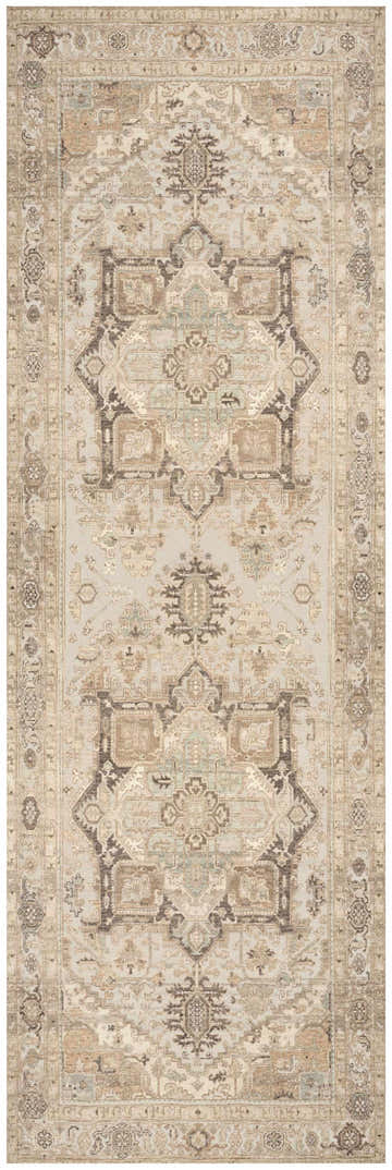 Nourison Vintage Coral Mint Rug: Close-up shows vintage-style pattern in coral, mint, beige, and brown tones. Washable area rug.