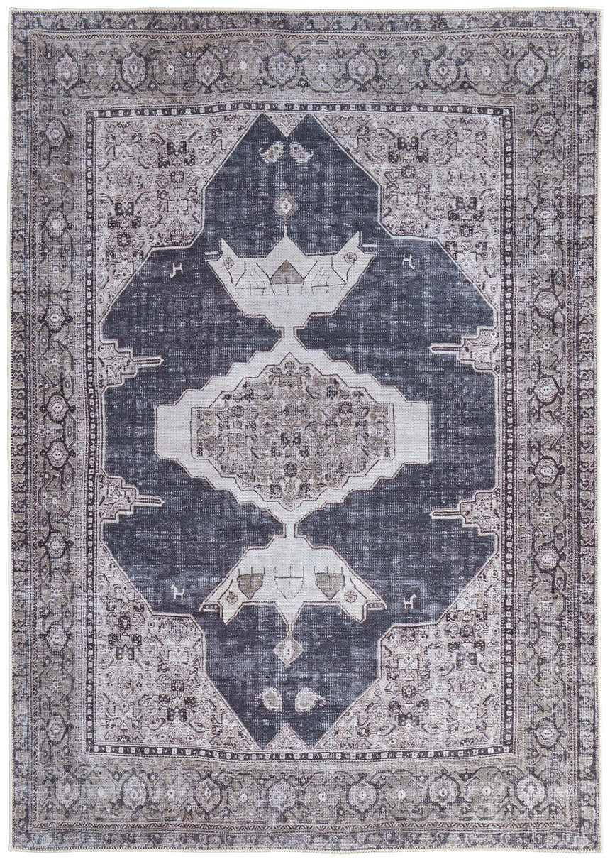 Close-up of the Feizy Percy Transitional Medallion Area Rug in gray, ivory, and taupe with a traditional medallion pattern. Design-Rectangle