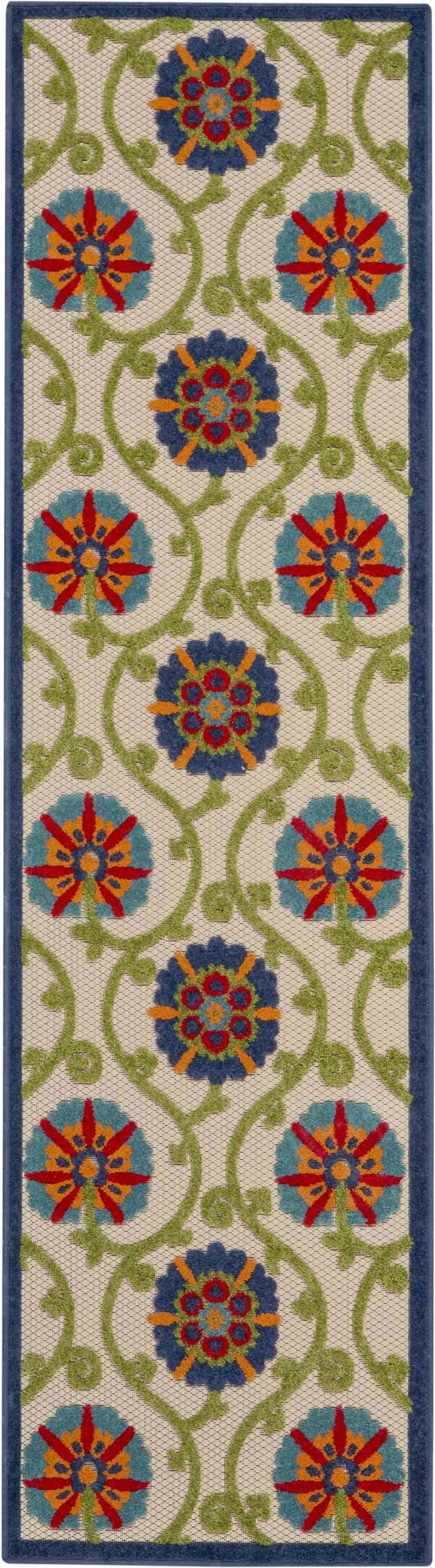 Close-up of Nourison Aloha Blue Multicolor rug. Floral pattern in blue, red, orange, and green on a beige background. Blue border.