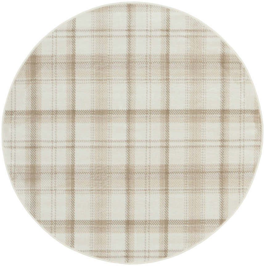 Round Nourison Grafix Ivory Beige rug. Farmhouse style with a chestnut plaid pattern. Machine-made polypropylene texture.