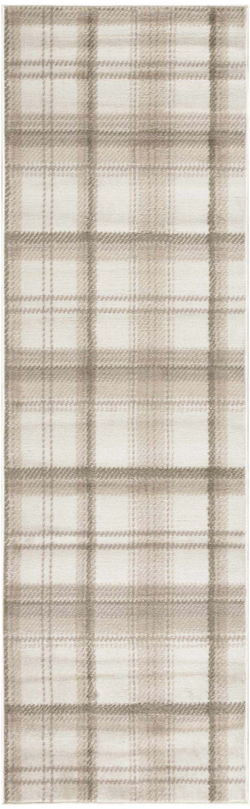 Close-up of Nourison Grafix Ivory Beige rug with a classic farmhouse plaid pattern in chestnut and ivory tones.