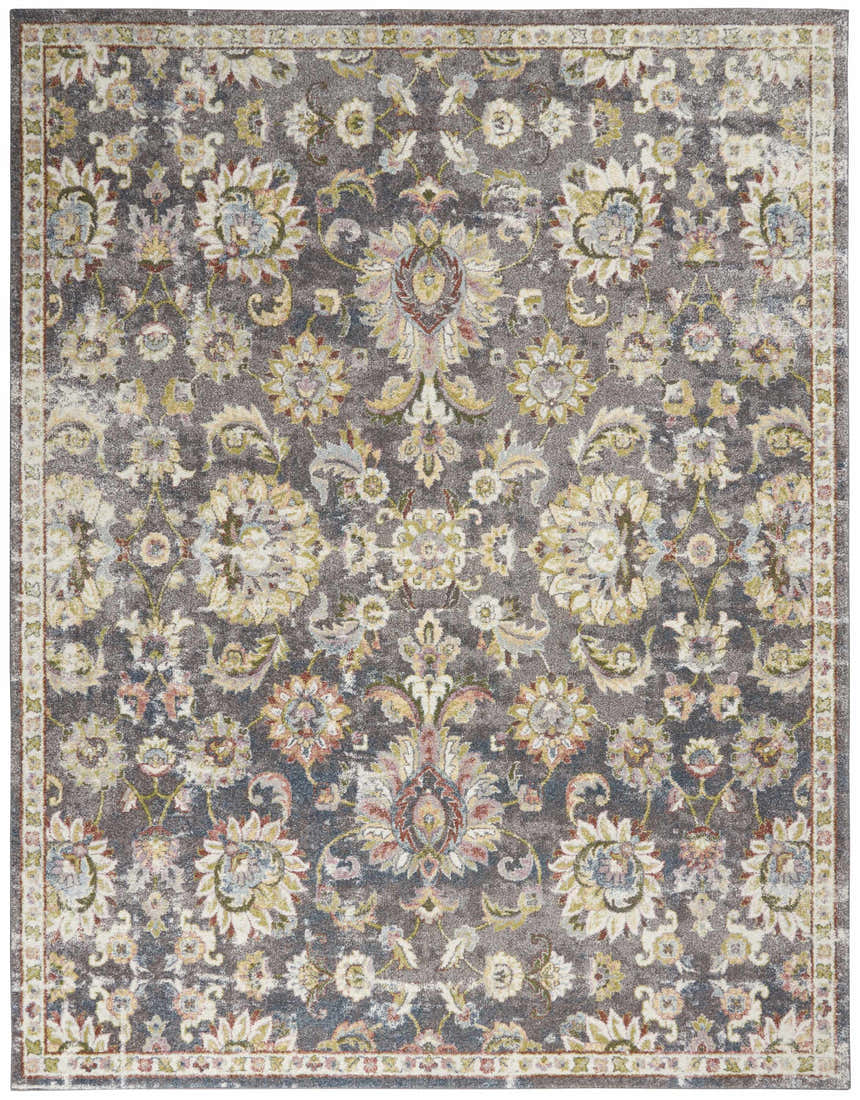 Close-up of Nourison Soraya Charcoal Multi rug, showcasing floral pattern, taupe, blue, yellow, and red accents.