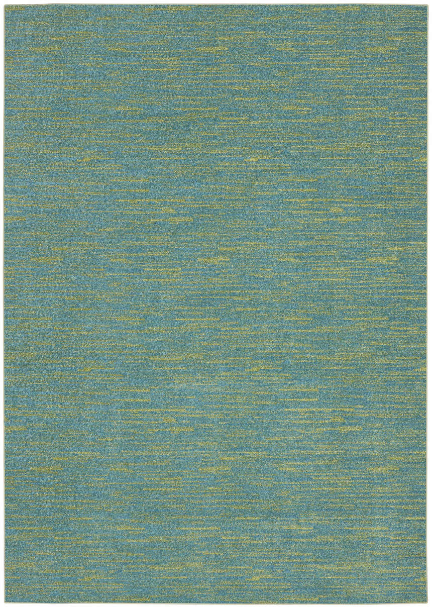 Close-up of Nourison Essentials Blue Green Outdoor Area Rug featuring a textured blue and green design.