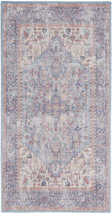 Detailed view of Nourison New Concept Blue Multicolor Vintage Washable Area Rug with intricate floral and geometric patterns.