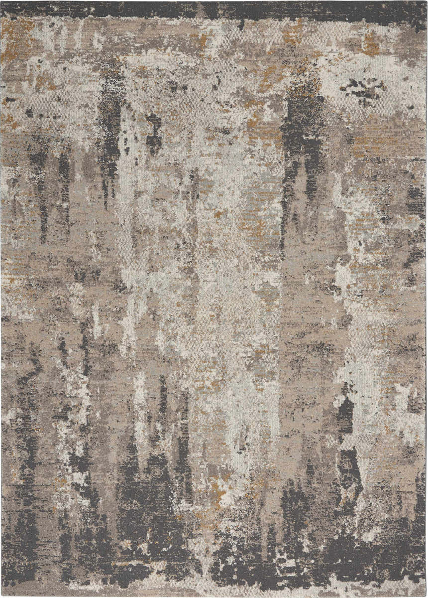 Close-up of the Nourison Tangra Cream Grey rug. Features a modern abstract design with cream, gray, and beige tones.