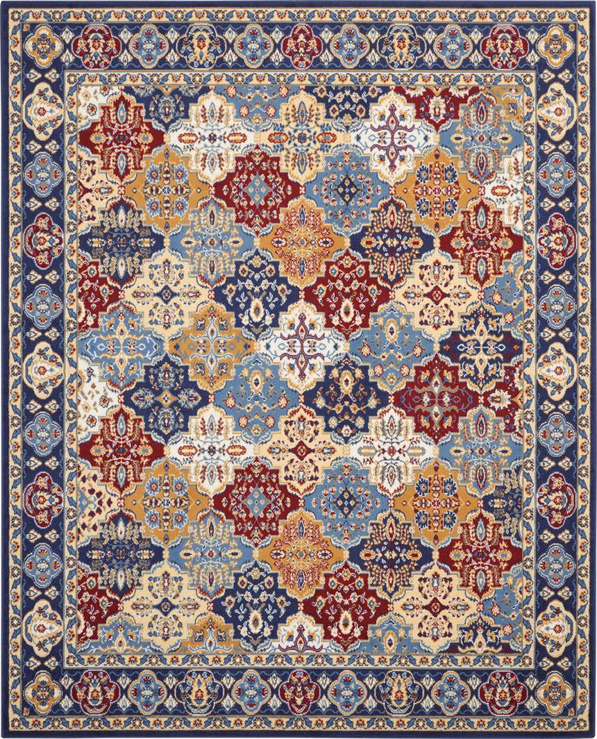 Close-up of the Nourison Grafix Multicolor Bohemian Indoor Area Rug featuring a geometric, floral pattern in red, blue, and gold.