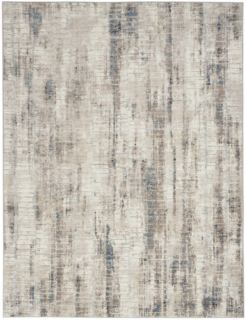 Close-up of Calvin Klein CK022 Infinity rug. Modern design in ivory, grey, and blue. Abstract pattern.