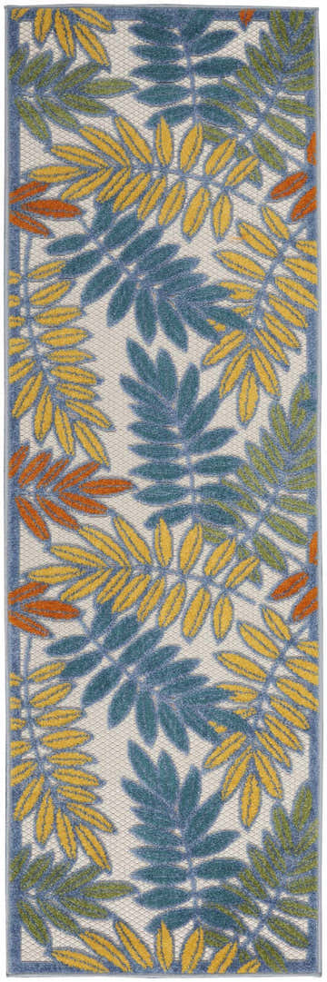 Close-up of Nourison Aloha Ivory Multicolor Tropical Area Rug featuring a leaf pattern in blue, yellow, green, and chestnut.