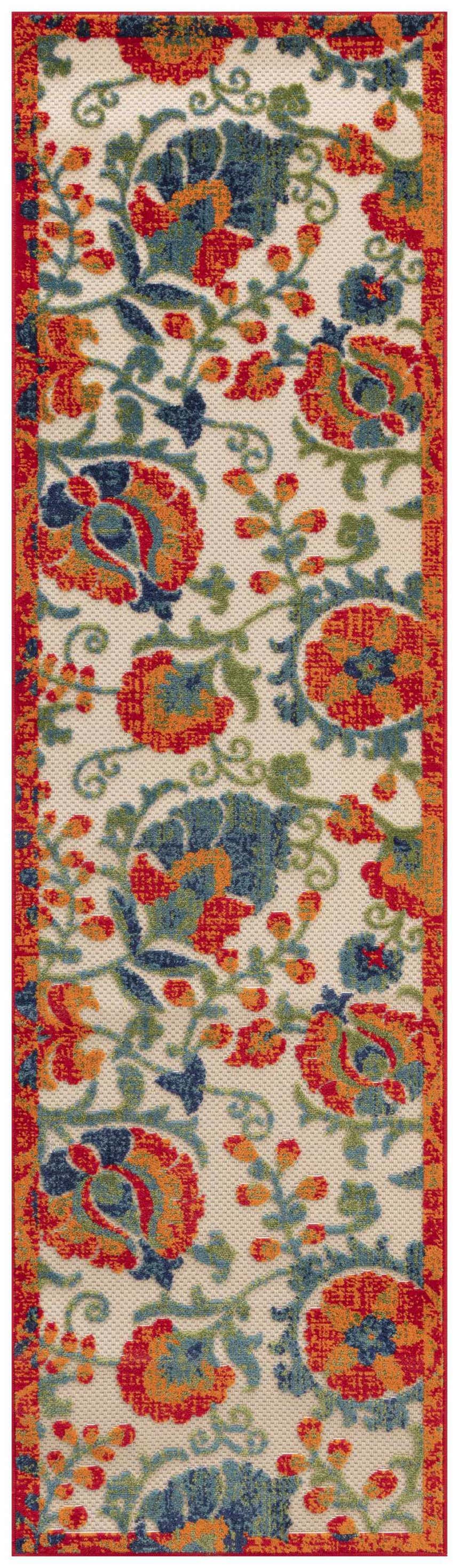 Close-up of Nourison Aloha Red Multicolor Farmhouse Area Rug, featuring a floral pattern in red, blue, orange, and green.