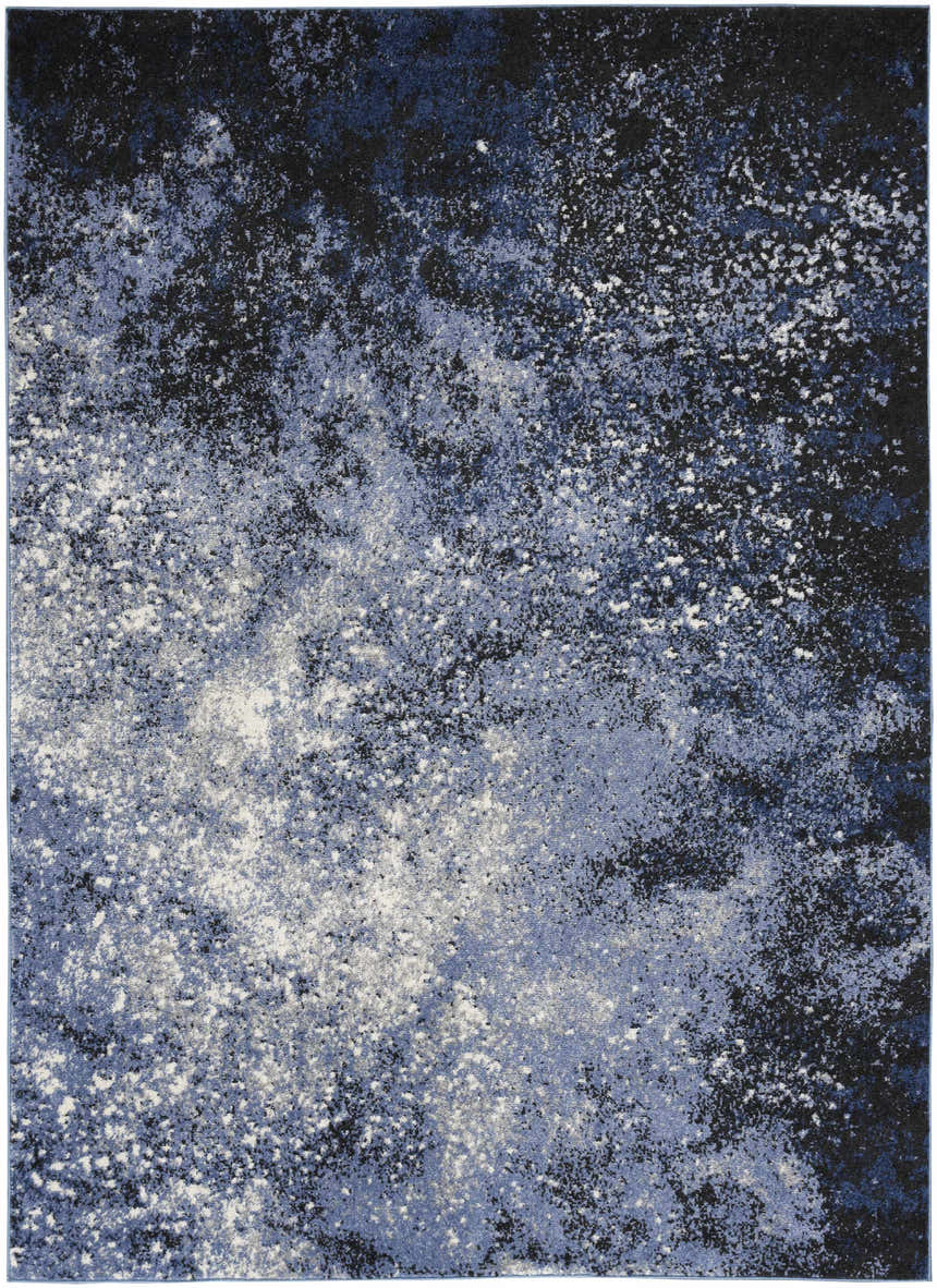 Close-up of the Nourison Passion Light Blue Black rug, featuring a modern abstract design with light blue, black, and white hues.