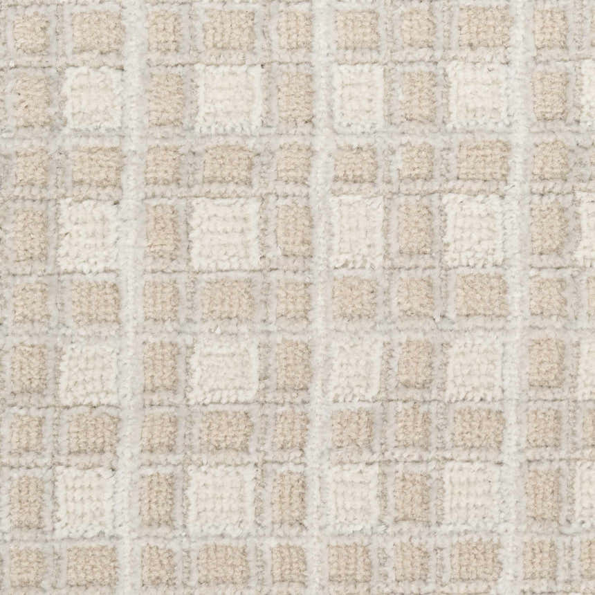 Close-up of the Nourison Nordic Beige Rug, featuring a textured, geometric square pattern in neutral cream and beige tones.