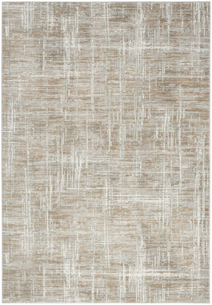 Close-up of the Nourison Home Texture Beige Grey rug. Modern design with beige, gray, and white abstract pattern.