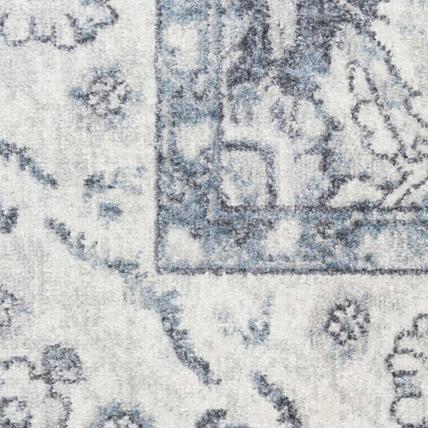 Close-up of the Nourison Astra Slate Vintage Rug, showcasing its taupe, blue, and gray vintage pattern and soft texture.