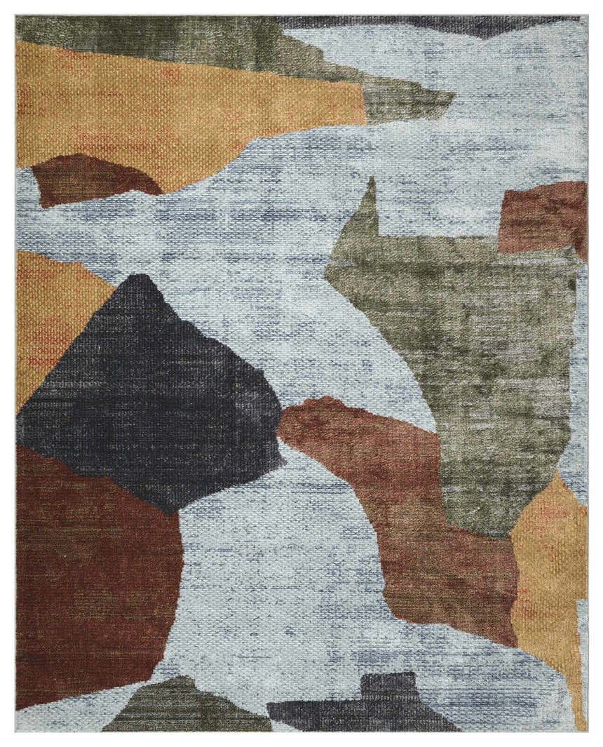 Close-up of the Nourison Nordic Blue Multicolor rug featuring a modern abstract pattern in blue, brown, gold, and green.