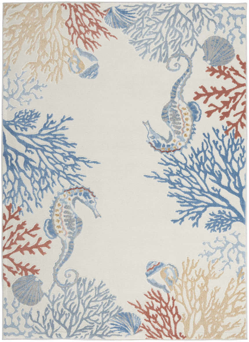 Nourison Seaside Ivory Multicolor rug with coastal design: seahorses, shells, and coral in blue, chestnut, and beige.