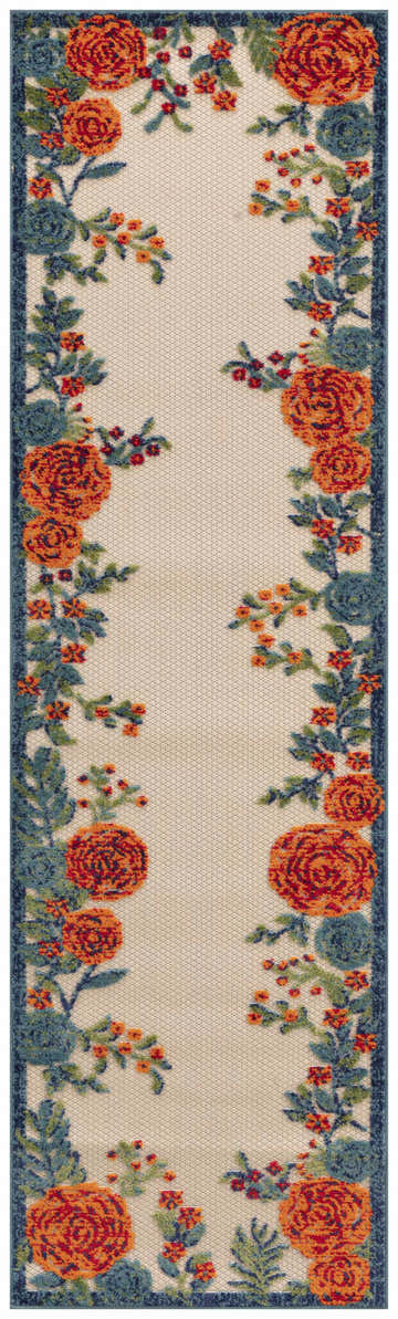 Close-up of Nourison Aloha Ivory Multicolor Outdoor Area Rug. Features chestnut floral design and blue border.