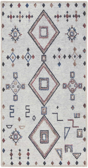 Close-up of Nourison New Concept Ivory Multicolor Bohemian Rug. Geometric shapes in chestnut, blue, and red.