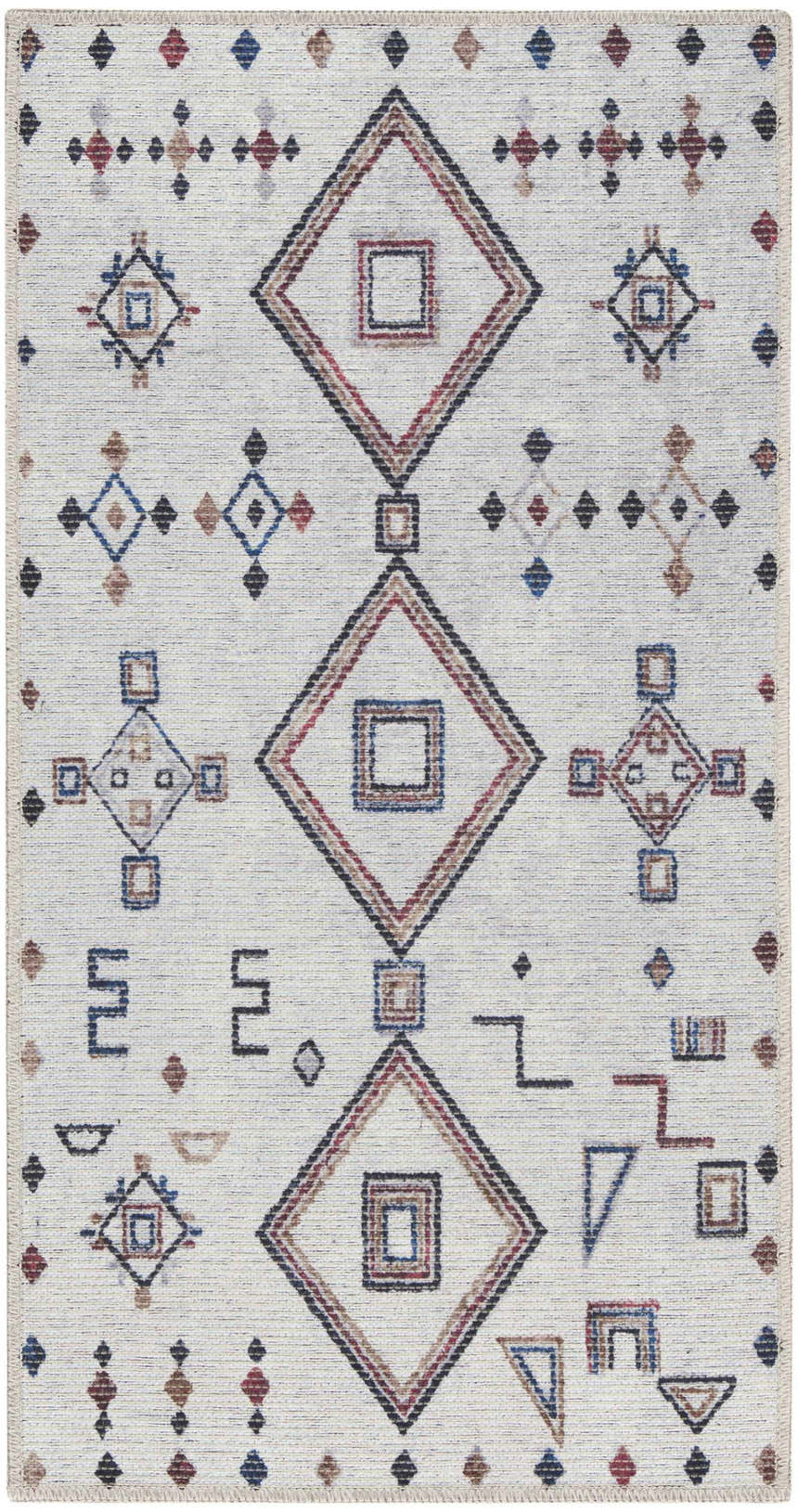 Close-up of Nourison New Concept Ivory Multicolor Bohemian Rug. Geometric shapes in chestnut, blue, and red.