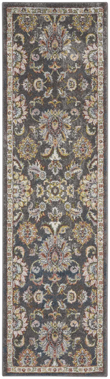 Close-up of Nourison Soraya Charcoal Multi rug. Features a floral pattern with taupe, yellow, and pink accents.