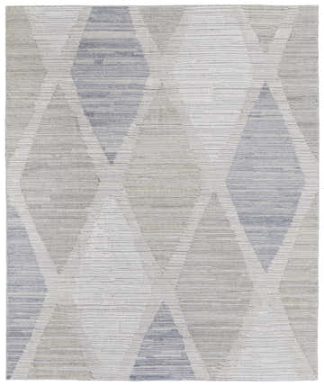 Close-up of the Feizy Elias Modern Diamond Area Rug in ivory, blue, and brown with a hand-woven diamond pattern. Design-Rectangle