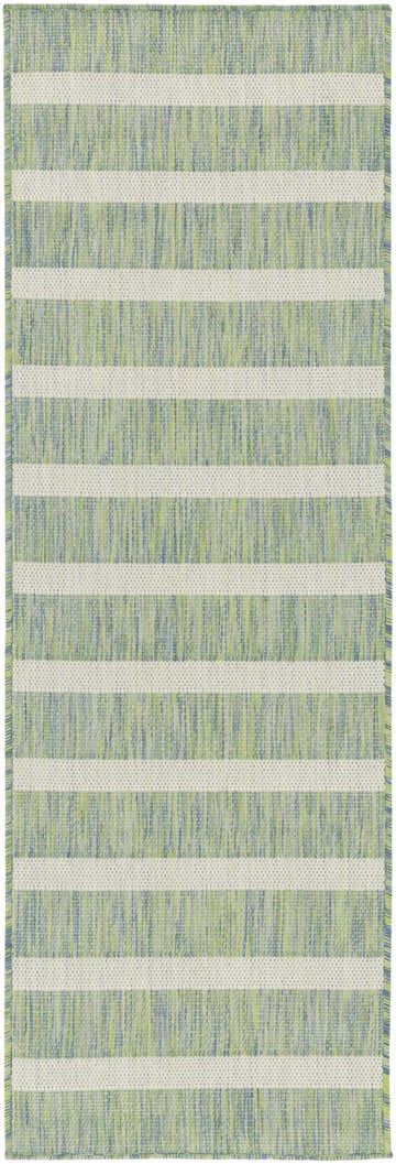 Close-up of the Nourison Positano Blue Green Ivory rug with a striped pattern and textured weave.