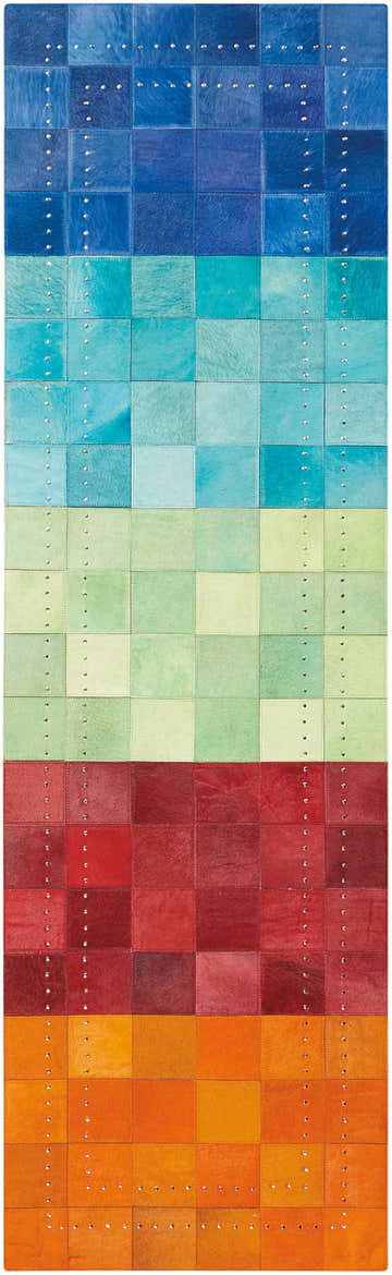 Handmade Barclay Butera Medley Blanket rug in hair on hide. Ombre patchwork squares in blue, green, red, and orange.