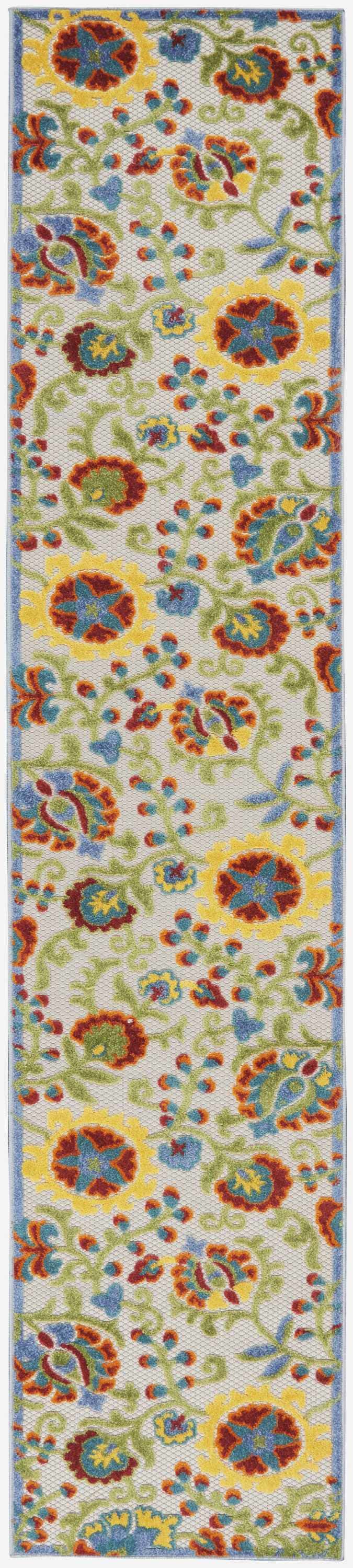 Close-up of Nourison Aloha Ivory Multicolor Farmhouse Area Rug with floral pattern in chestnut, yellow, green, and blue.