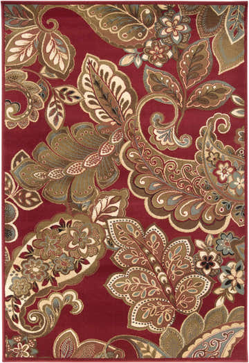 Detailed close-up of the Beedeville Red Floral Rug. Features a traditional paisley and floral pattern in red, brown, and green tones. Design-Rectangle-537