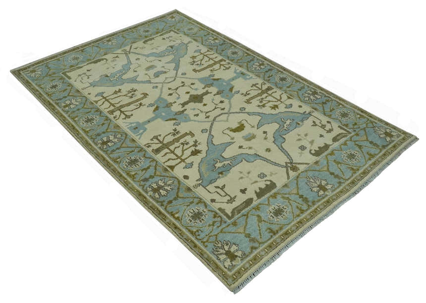 Beige and Aqua Hand Knotted 6x9 Traditional Oriental Oushak wool area rug