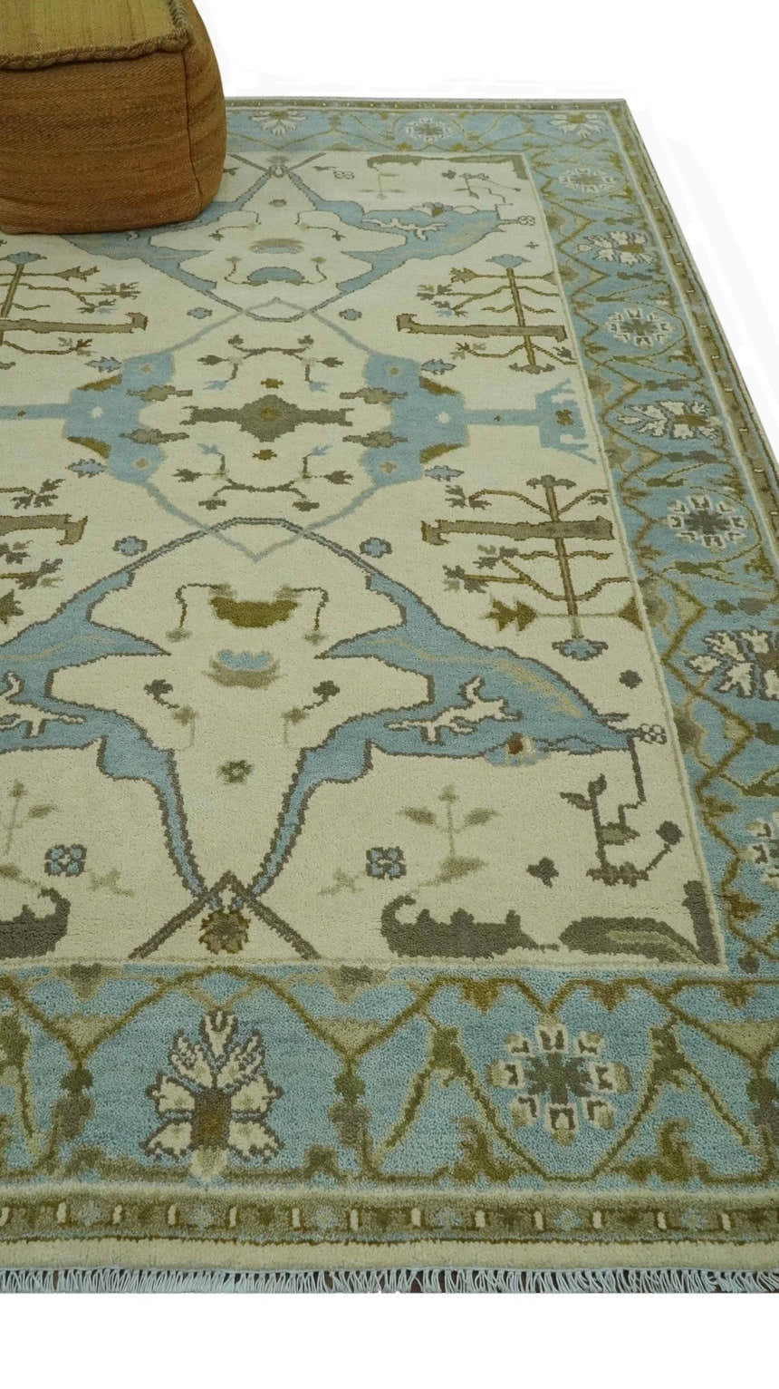 Beige and Aqua Hand Knotted 6x9 Traditional Oriental Oushak wool area rug