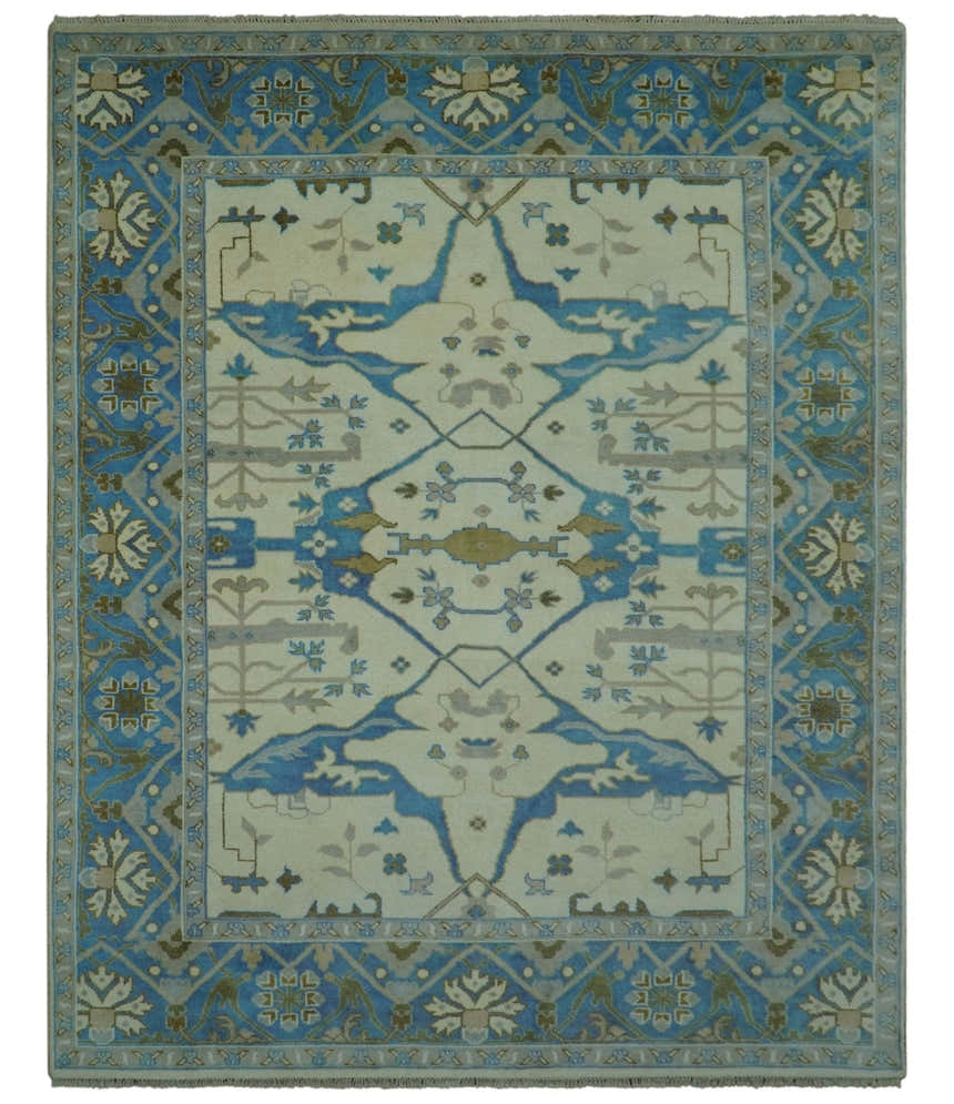 Beige and Blue Hand Knotted Oushak Custom Made wool Rug