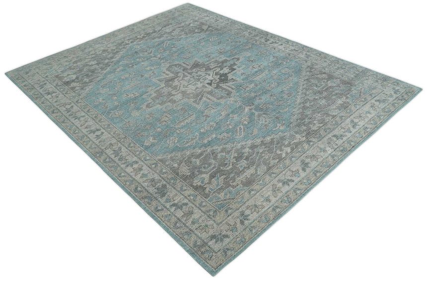 Beige, Blue and Gray Antique Finish Distressed Hand Knotted Heriz Serapi Traditional Multi Size wool Area Rug