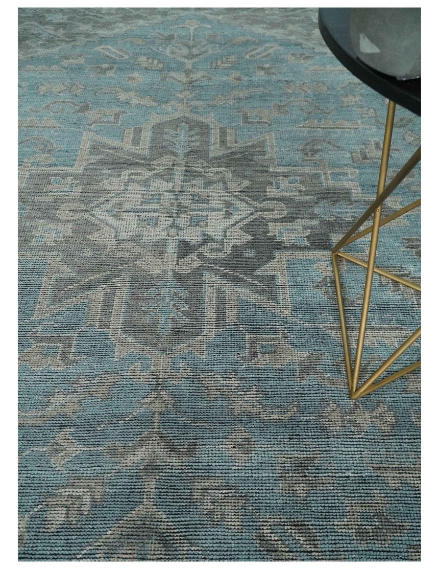 Beige, Blue and Gray Antique Finish Distressed Hand Knotted Heriz Serapi Traditional Multi Size wool Area Rug