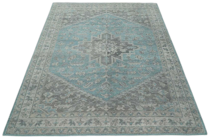 Beige, Blue and Gray Antique Finish Distressed Hand Knotted Heriz Serapi Traditional Multi Size wool Area Rug