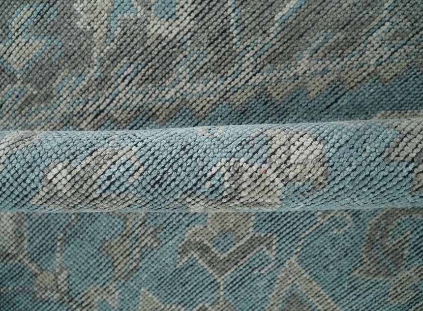 Beige, Blue and Gray Antique Finish Distressed Hand Knotted Heriz Serapi Traditional Multi Size wool Area Rug