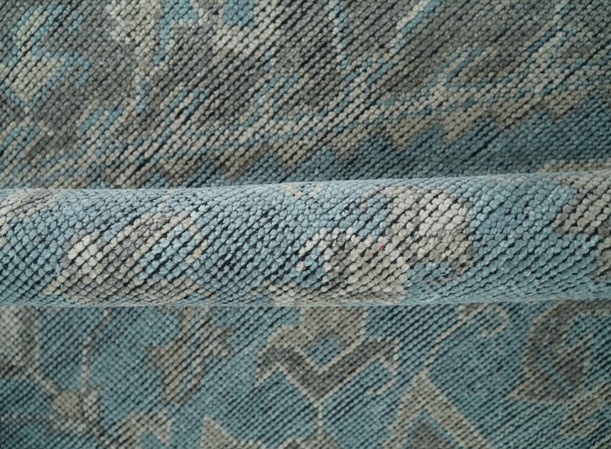 Beige, Blue and Gray Antique Finish Distressed Hand Knotted Heriz Serapi Traditional Multi Size wool Area Rug