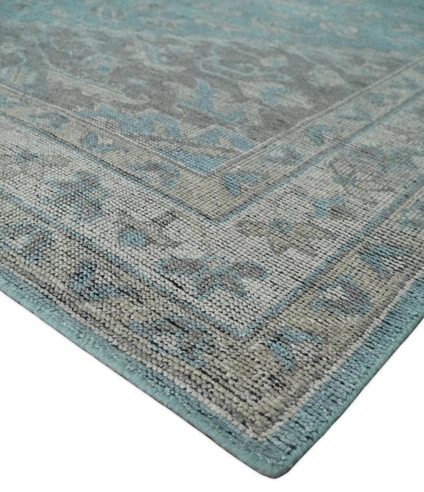 Beige, Blue and Gray Antique Finish Distressed Hand Knotted Heriz Serapi Traditional Multi Size wool Area Rug