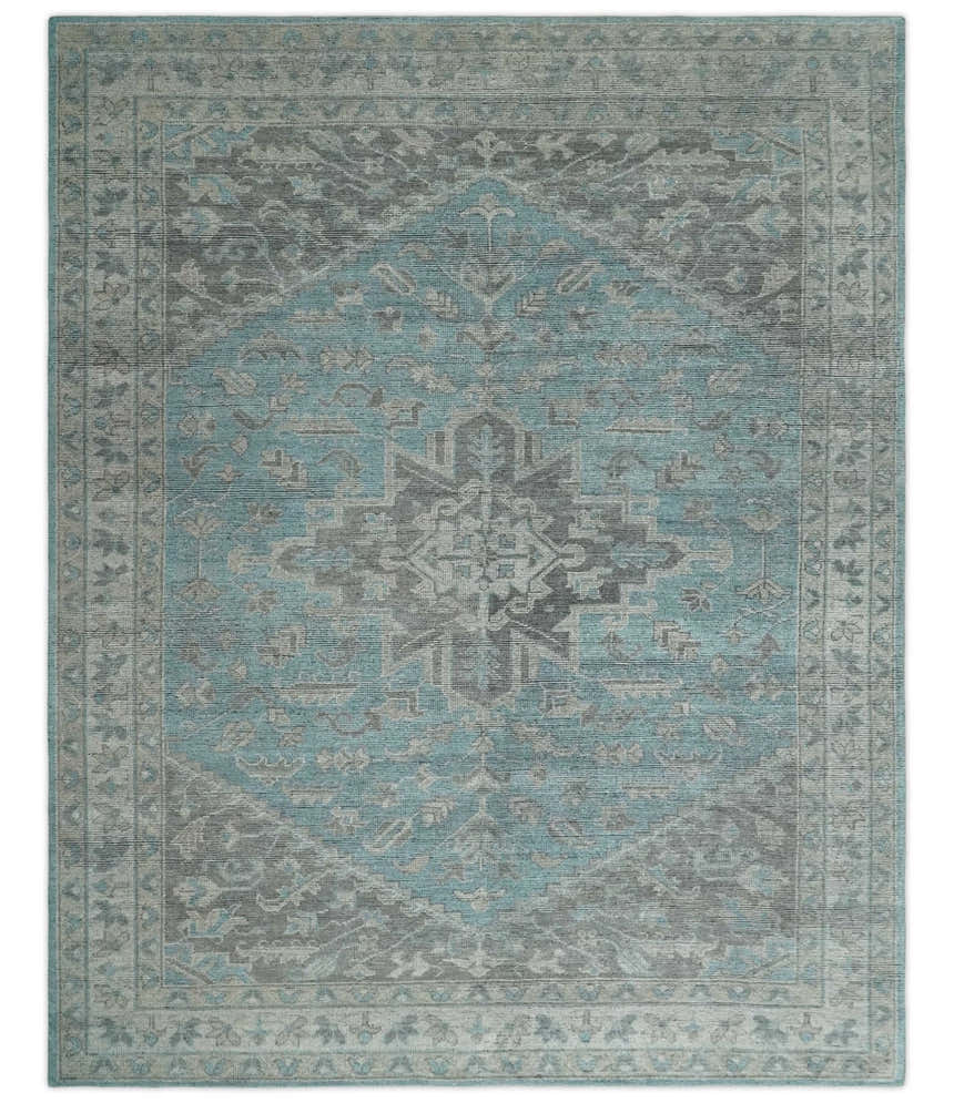 Beige, Blue and Gray Antique Finish Distressed Hand Knotted Heriz Serapi Traditional Multi Size wool Area Rug