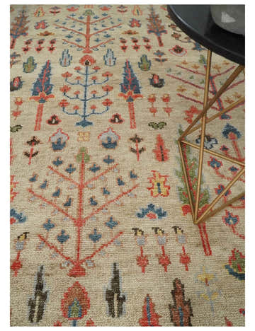 Beige, Brown and Rust Tree of Life Hand Knotted Traditional Multi Size Wool Rug