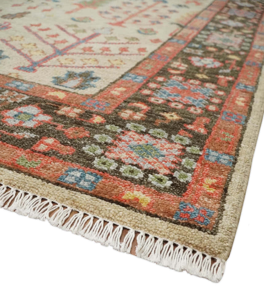 Beige, Brown and Rust Tree of Life Hand Knotted Traditional Multi Size Wool Rug