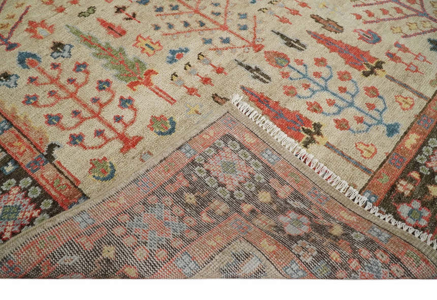Beige, Brown and Rust Tree of Life Hand Knotted Traditional Multi Size Wool Rug
