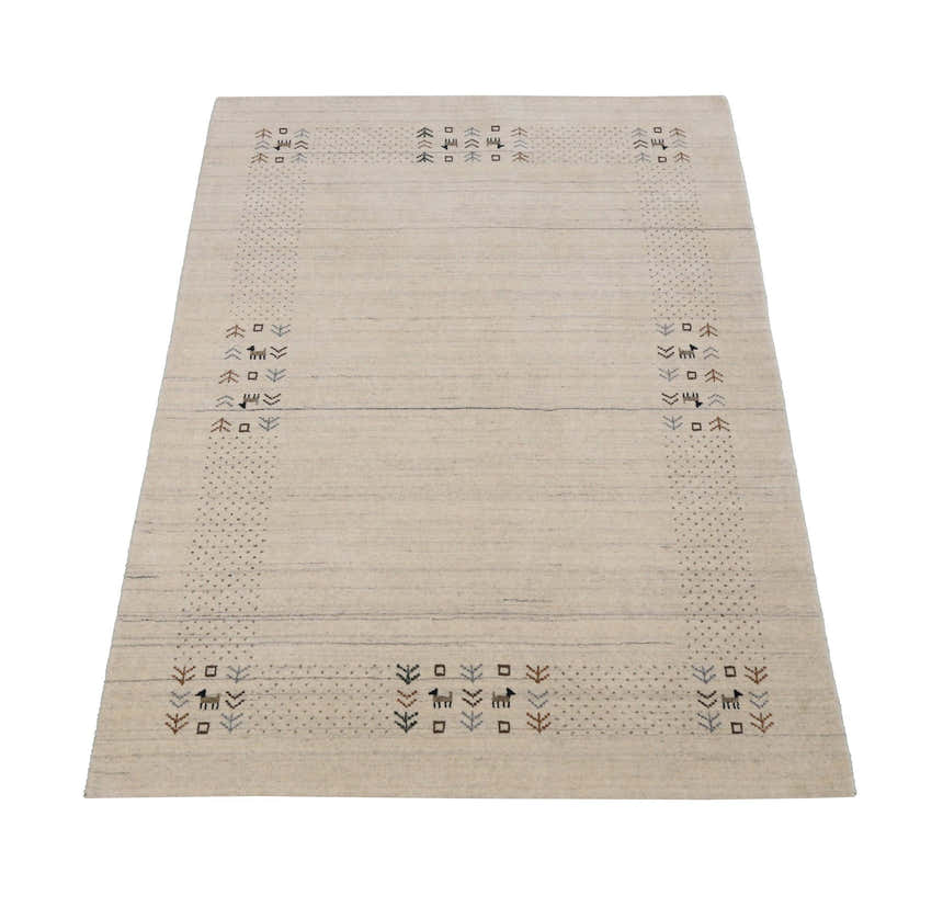 Beige Contemporary Solid Border Design Hand Loomed Wool Area Rug