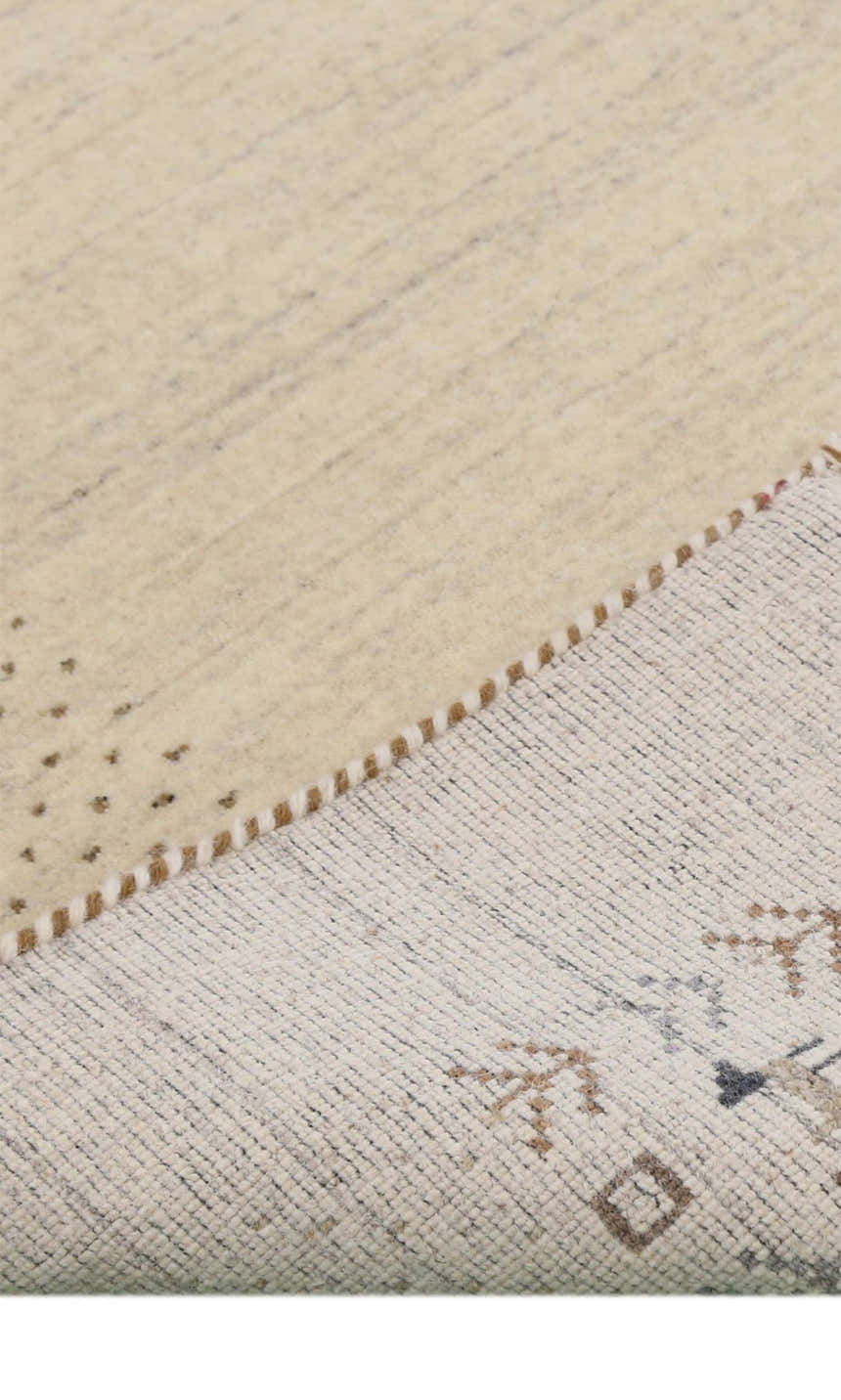 Beige Contemporary Solid Border Design Hand Loomed Wool Area Rug